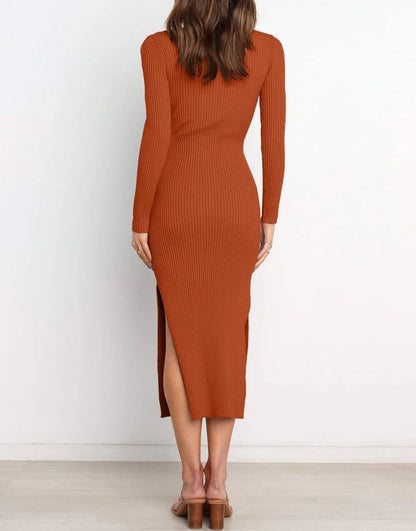 Slim-fit Knitted slit Midi Sweater Dress