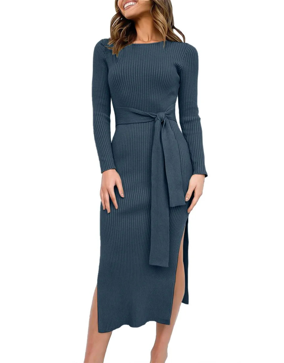 Slim-fit Knitted slit Midi Sweater Dress