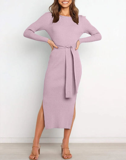 Slim-fit Knitted slit Midi Sweater Dress